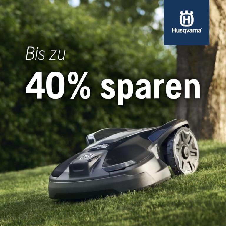 Zum Saisonsfinale bis zu 40% sparen auf ausgewählte Husqvarna Mähroboter Husqvarna Mähroboter fährt auf Rasen mit Überschrift bis zu 40% sparen